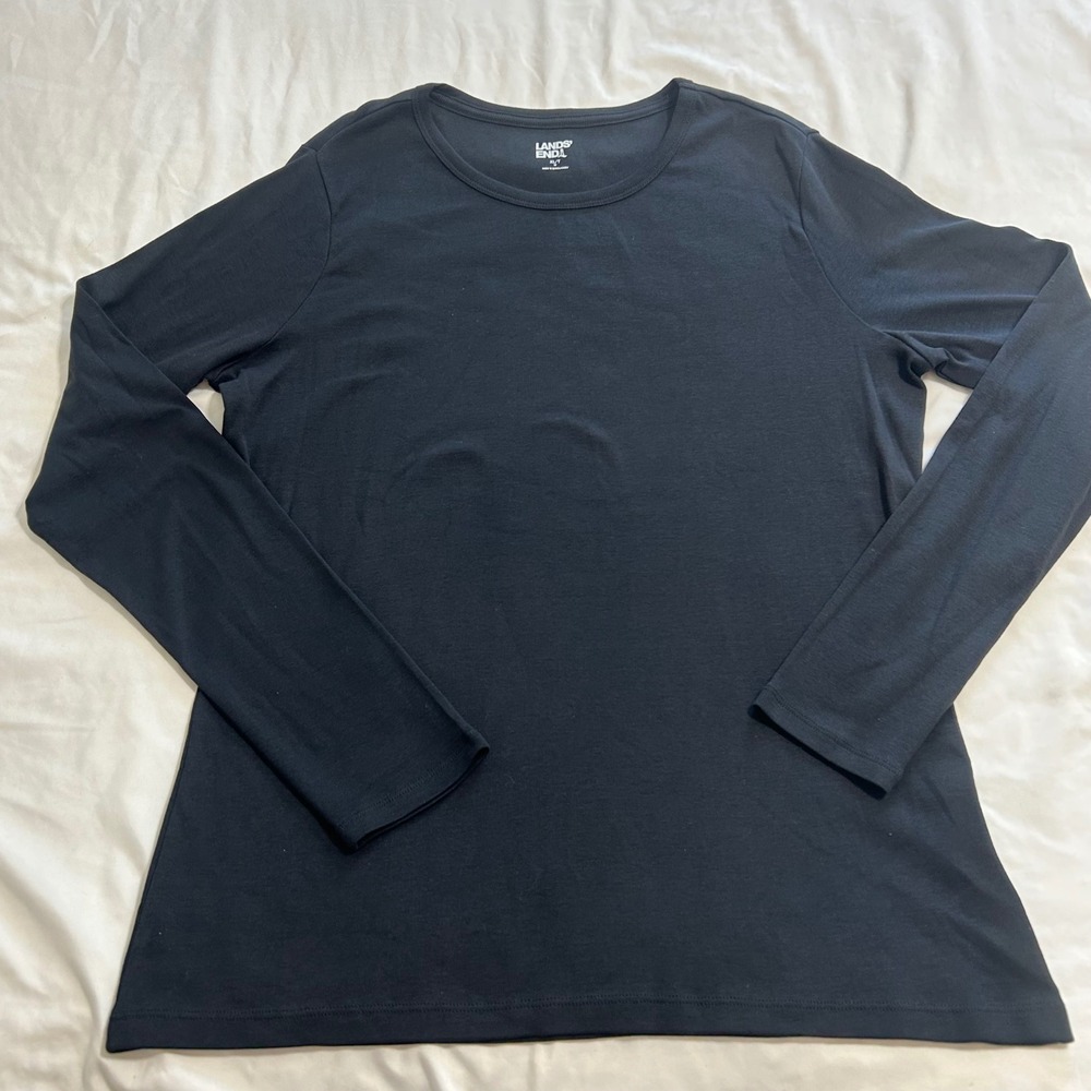 Lands End Womens XL Tall Black Long Sleeve Crew Neck 100% Cotton T-Shirt
